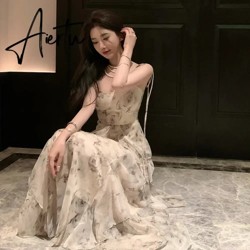 Aiertu Vintage Shivering Print Dress for Women Sling Sleeveless Slim Flounce Chiffon Casual Korean Long Dresses Female Clothing Summer Aiertu
