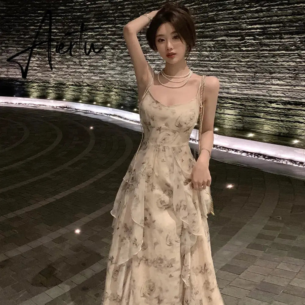 Aiertu Vintage Shivering Print Dress for Women Sling Sleeveless Slim Flounce Chiffon Casual Korean Long Dresses Female Clothing Summer Aiertu