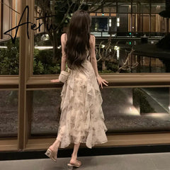 Aiertu Vintage Shivering Print Dress for Women Sling Sleeveless Slim Flounce Chiffon Casual Korean Long Dresses Female Clothing Summer Aiertu