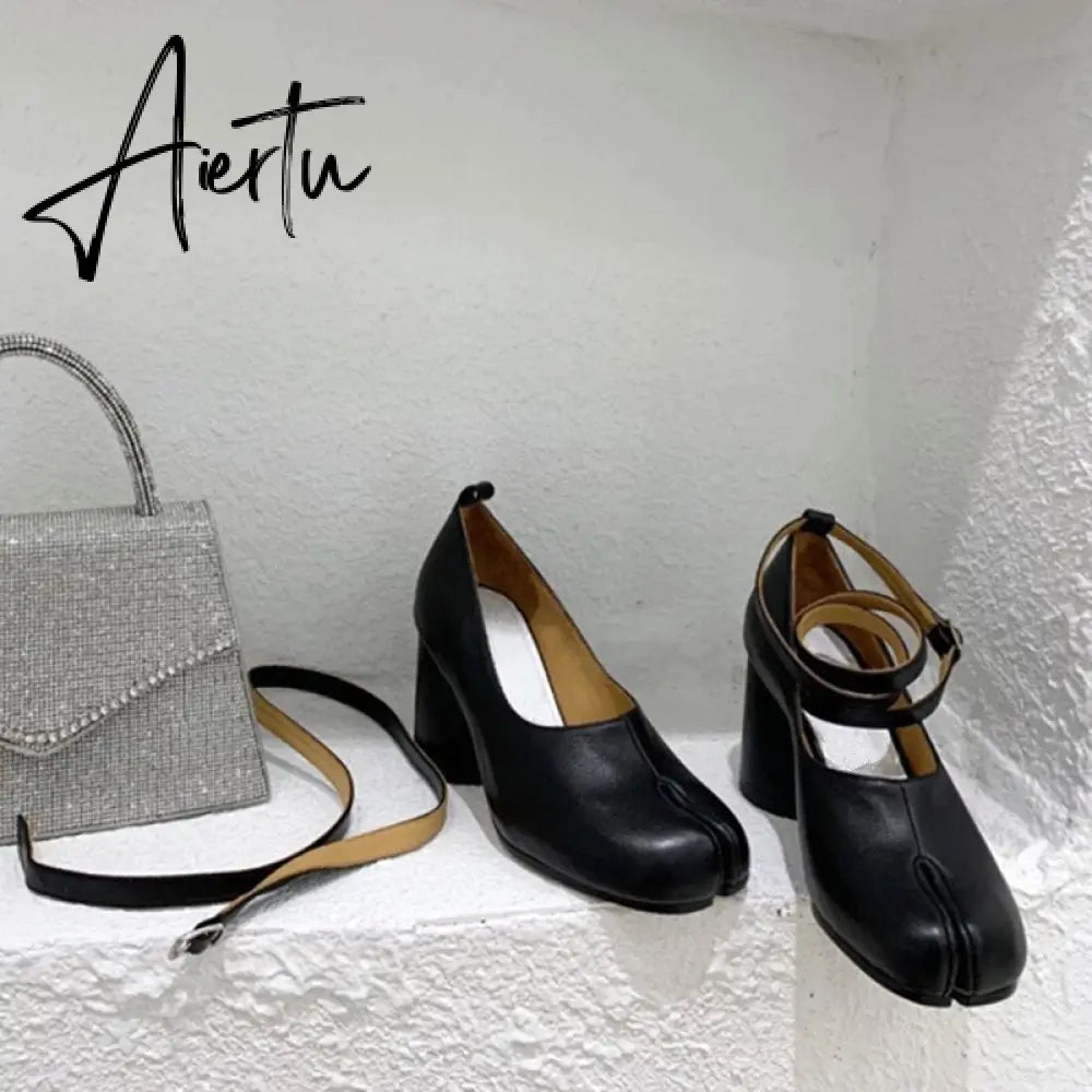 Aiertu Vintage Spring Fashion Slipt Toe Women Pumps Chunky Round Strap Buckle High Heels Red Leather Brand Design Shoes Women Aiertu
