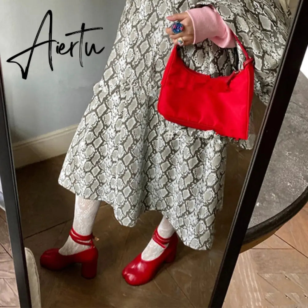 Aiertu Vintage Spring Fashion Slipt Toe Women Pumps Chunky Round Strap Buckle High Heels Red Leather Brand Design Shoes Women Aiertu