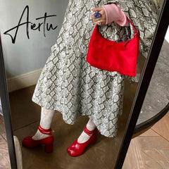 Aiertu Vintage Spring Fashion Slipt Toe Women Pumps Chunky Round Strap Buckle High Heels Red Leather Brand Design Shoes Women Aiertu