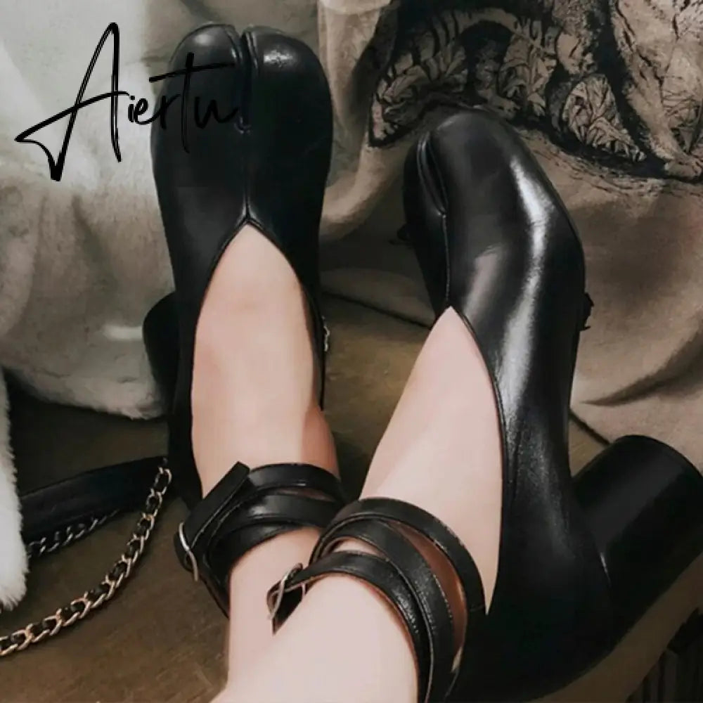 Aiertu Vintage Spring Fashion Slipt Toe Women Pumps Chunky Round Strap Buckle High Heels Red Leather Brand Design Shoes Women Aiertu