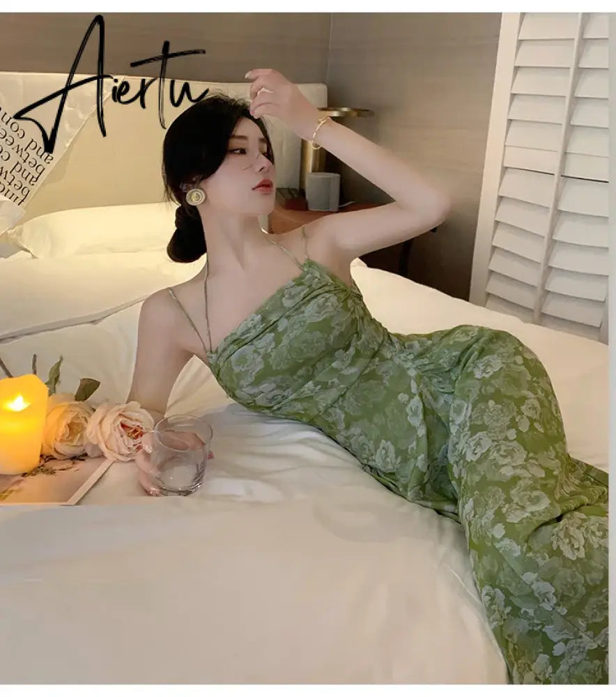 Aiertu Vintage Suspender Spring Summer New Lady Long Dress Female Slash Neck Sleeveless Sweet Slim Spaghetti Strap Women's Dress Aiertu