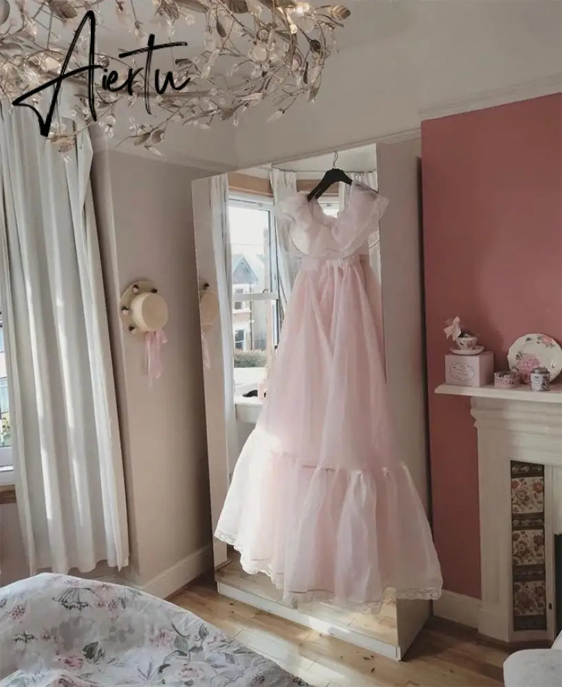 Aiertu  Vintage Women Pink Princess Organza Dresses Lady Slash Neck Evening Party Ball Gown Long Dress Fairytale Beach Formal Dress XXL Aiertu