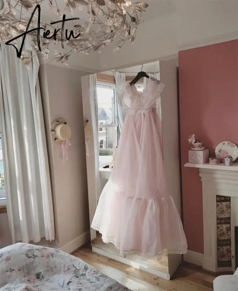 Aiertu  Vintage Women Pink Princess Organza Dresses Lady Slash Neck Evening Party Ball Gown Long Dress Fairytale Beach Formal Dress XXL Aiertu