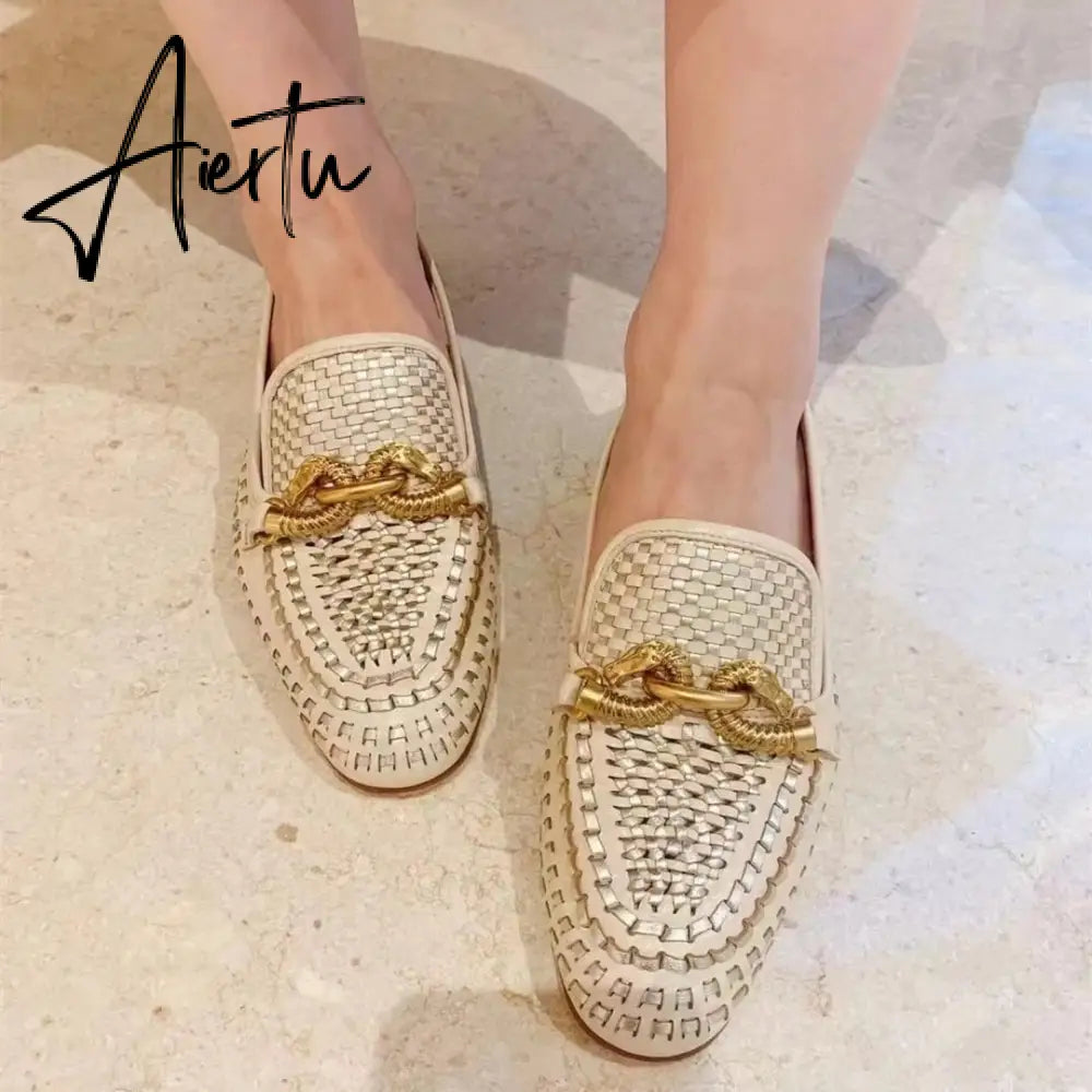 Aiertu Weaves Shoes Women Spring Autumn Genuine Leather Loafers Hollow Flats Metal Decoration Designer Shoes Slip-on Zapatillas Mujer Aiertu
