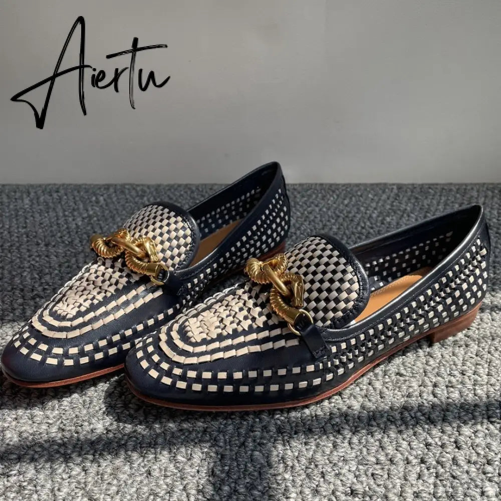 Aiertu Weaves Shoes Women Spring Autumn Genuine Leather Loafers Hollow Flats Metal Decoration Designer Shoes Slip-on Zapatillas Mujer Aiertu
