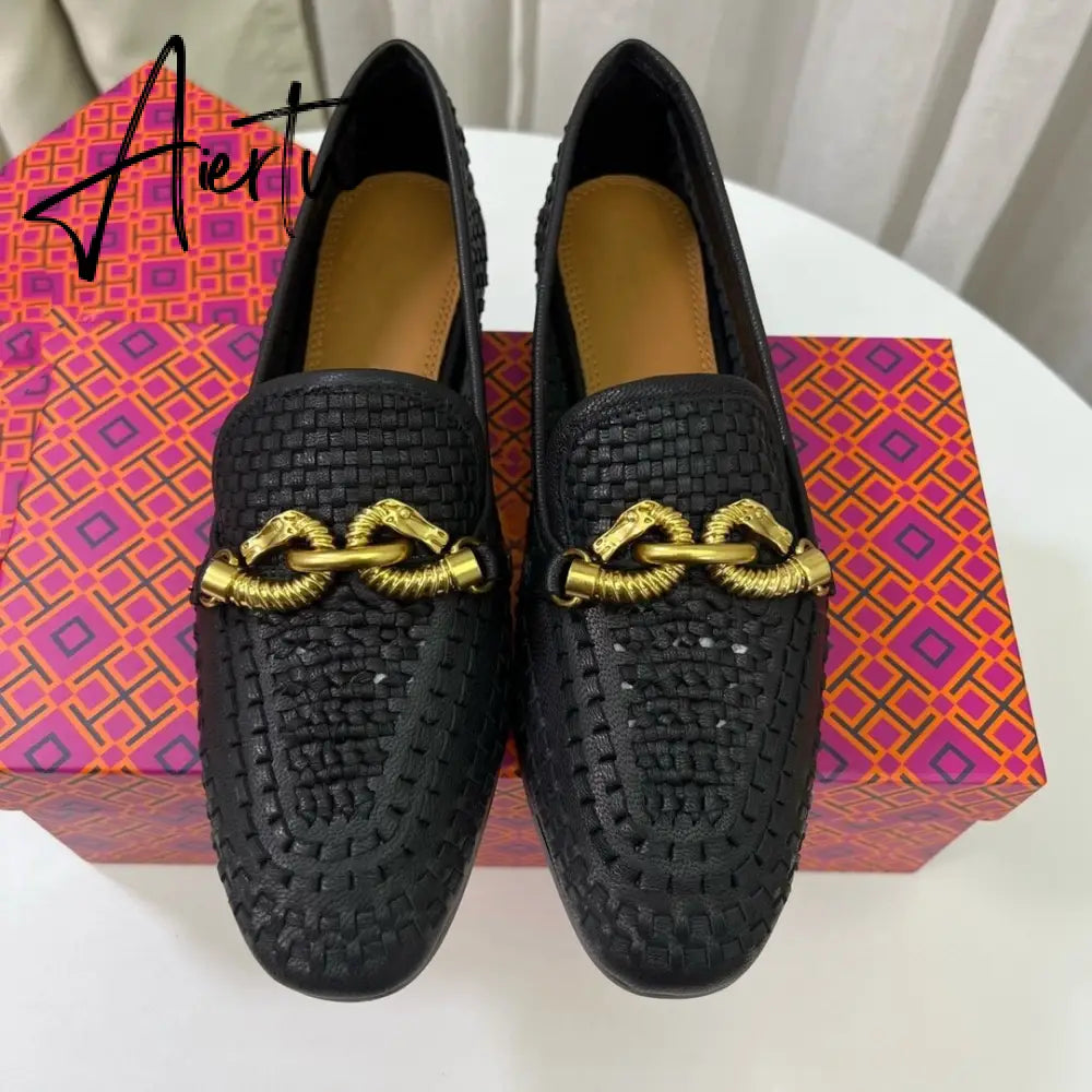 Aiertu Weaves Shoes Women Spring Autumn Genuine Leather Loafers Hollow Flats Metal Decoration Designer Shoes Slip-on Zapatillas Mujer Aiertu