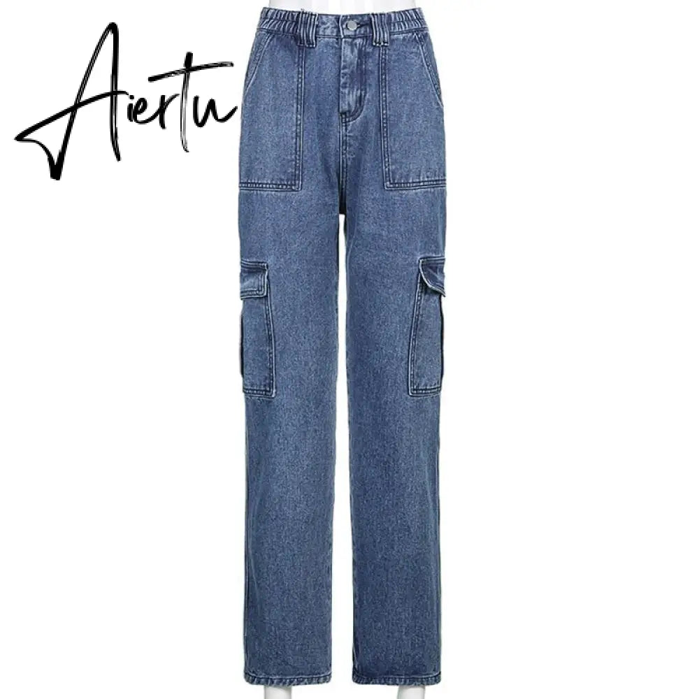 Aiertu  Weekeep Pockets Patchwork Baggy Jeans Fashion Streetwear 100% Cotton Women Denim Trouser Loose Cargo Pants Korean Jeans Harajuku Aiertu