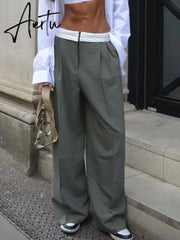 Aiertu Weekeep Streetwear Baggy Suit Pants Vintage Patchwork Low Rise Straight Casual Pants Korean Fashion Women Capris Jogging Trouser Aiertu