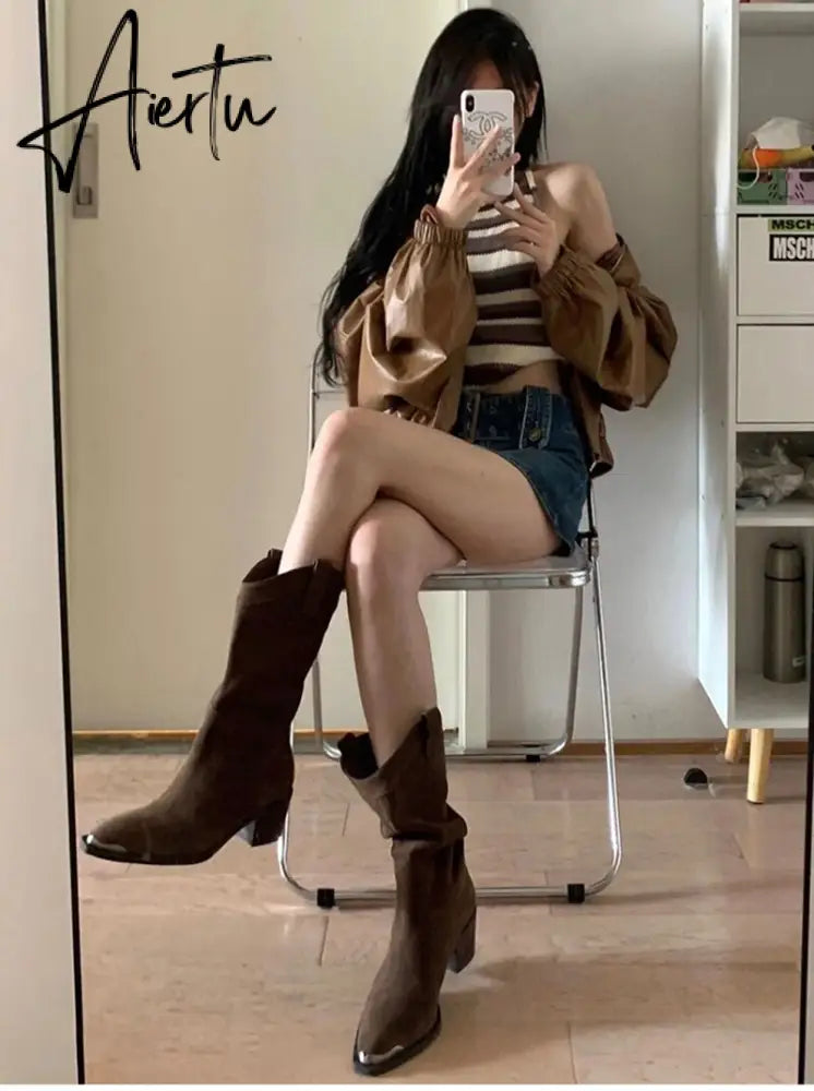 Aiertu Western Cowboy Boots Fashion Metal Pointed Toe Mid Calf Boots Square Heel Female Mid Boots Autumn Winter Women's Shoes Aiertu