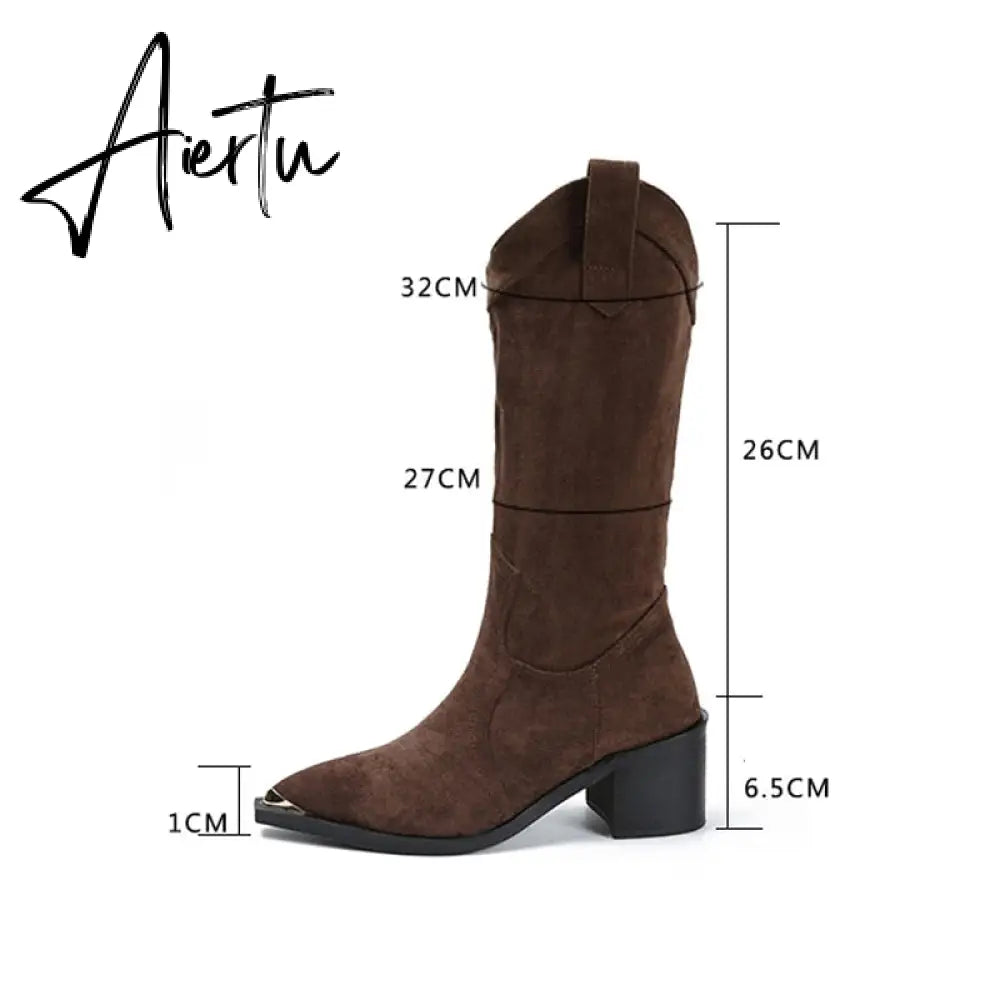 Aiertu Western Cowboy Boots Fashion Metal Pointed Toe Mid Calf Boots Square Heel Female Mid Boots Autumn Winter Women's Shoes Aiertu