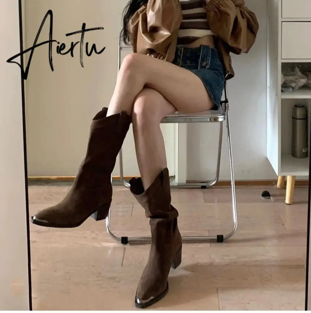 Aiertu Western Cowboy Boots Fashion Metal Pointed Toe Mid Calf Boots Square Heel Female Mid Boots Autumn Winter Women's Shoes Aiertu