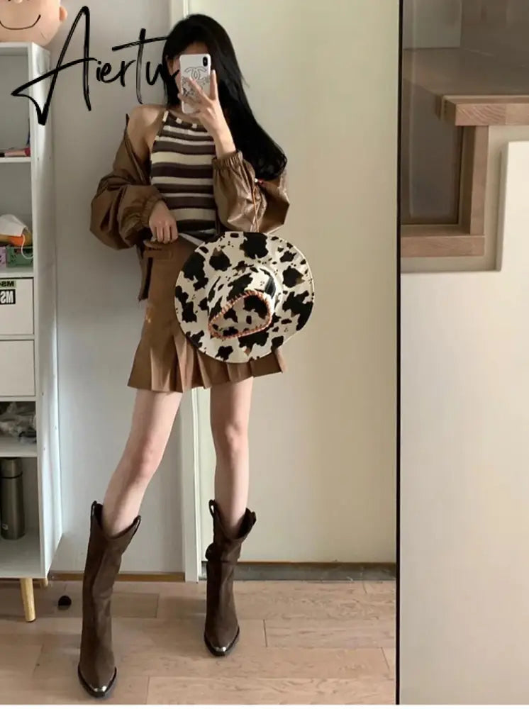 Aiertu Western Cowboy Boots Fashion Metal Pointed Toe Mid Calf Boots Square Heel Female Mid Boots Autumn Winter Women's Shoes Aiertu