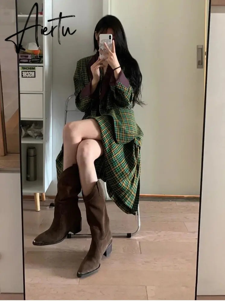 Aiertu Western Cowboy Boots Fashion Metal Pointed Toe Mid Calf Boots Square Heel Female Mid Boots Autumn Winter Women's Shoes Aiertu
