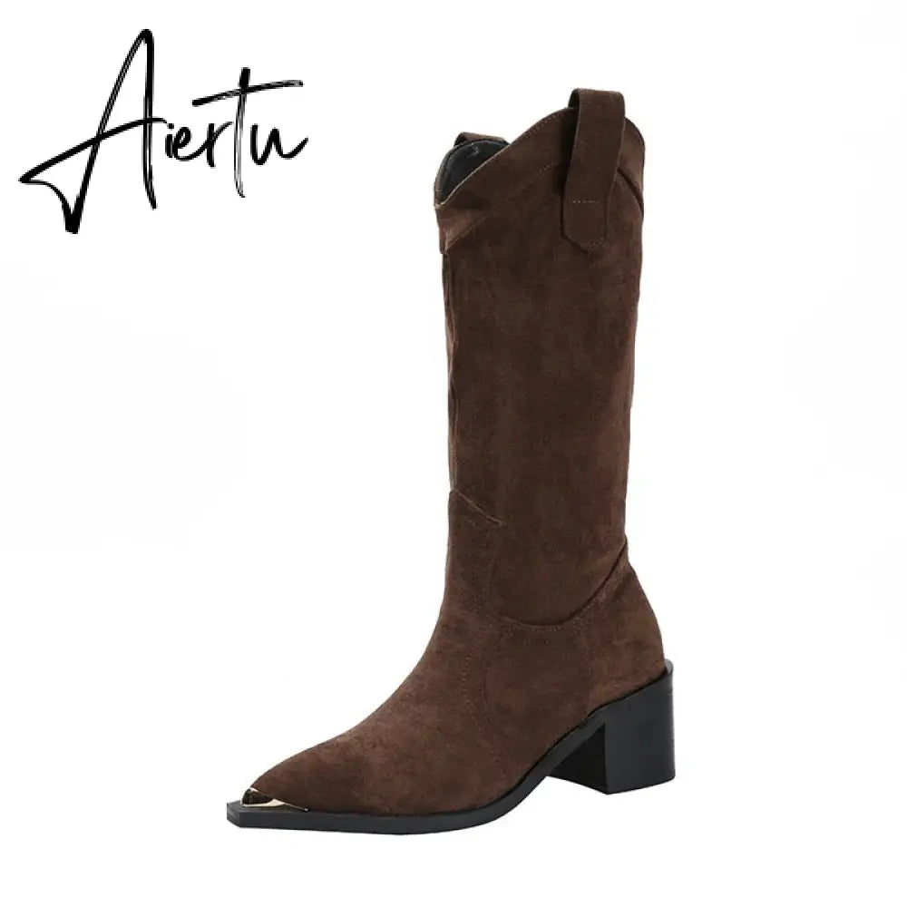 Aiertu Western Cowboy Boots Fashion Metal Pointed Toe Mid Calf Boots Square Heel Female Mid Boots Autumn Winter Women's Shoes Aiertu