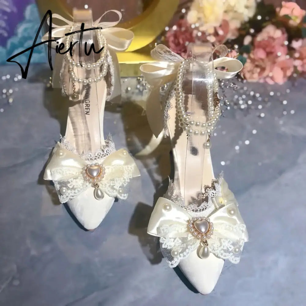 Aiertu White Bridal Shoe Wedding Shoes for Women Luxury Designer Mary Jane Elegant Woman Heeled Shoes Designer Heels Y2k Style Shoes Aiertu