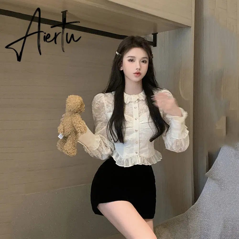 Aiertu White Elegant Blouse For Women Long Sleeve Shirts O-neck Folds Sweet Crop Tops Vintage Chic Blusass Aiertu