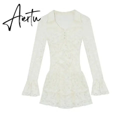 Aiertu White Elegant Lace Y2k Mini Dress Short Party Casual Long Sleeve Dress Outfits Slim One Piece Dress Korean Fashion Autumn Aiertu