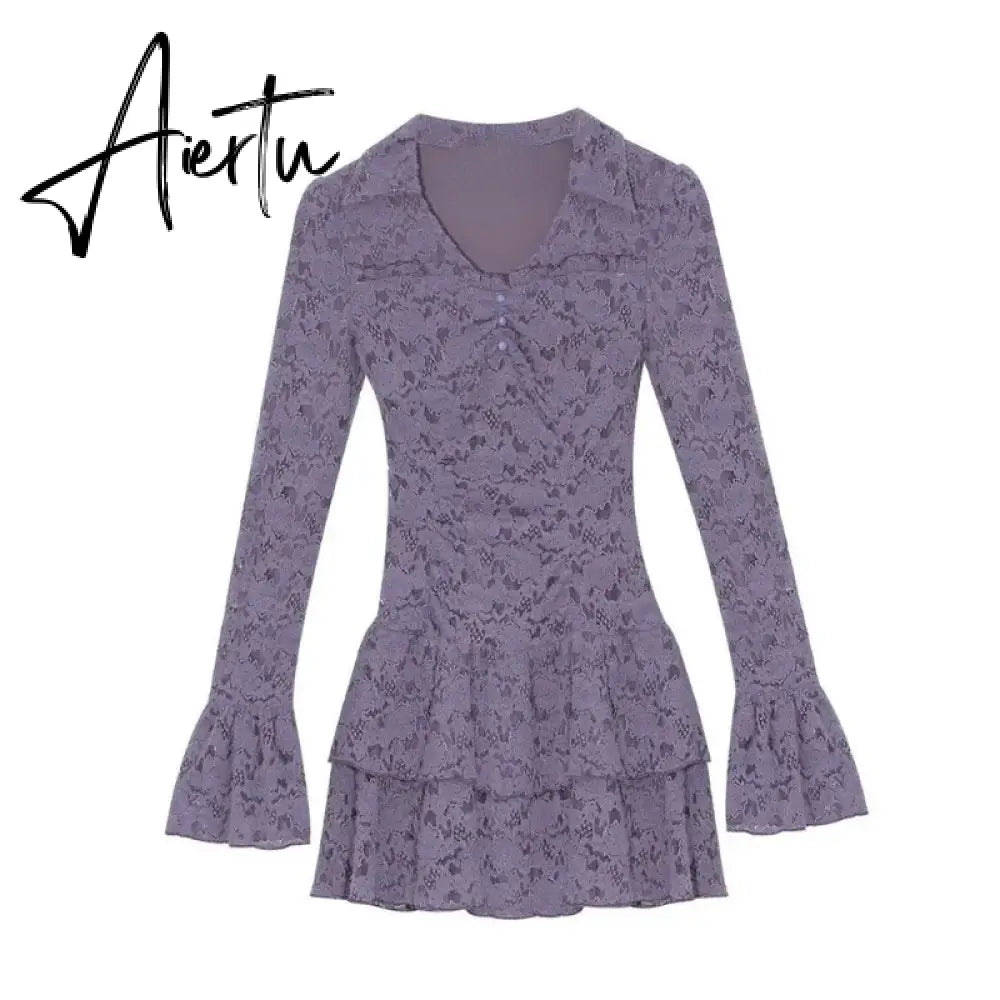 Aiertu White Elegant Lace Y2k Mini Dress Short Party Casual Long Sleeve Dress Outfits Slim One Piece Dress Korean Fashion Autumn Aiertu