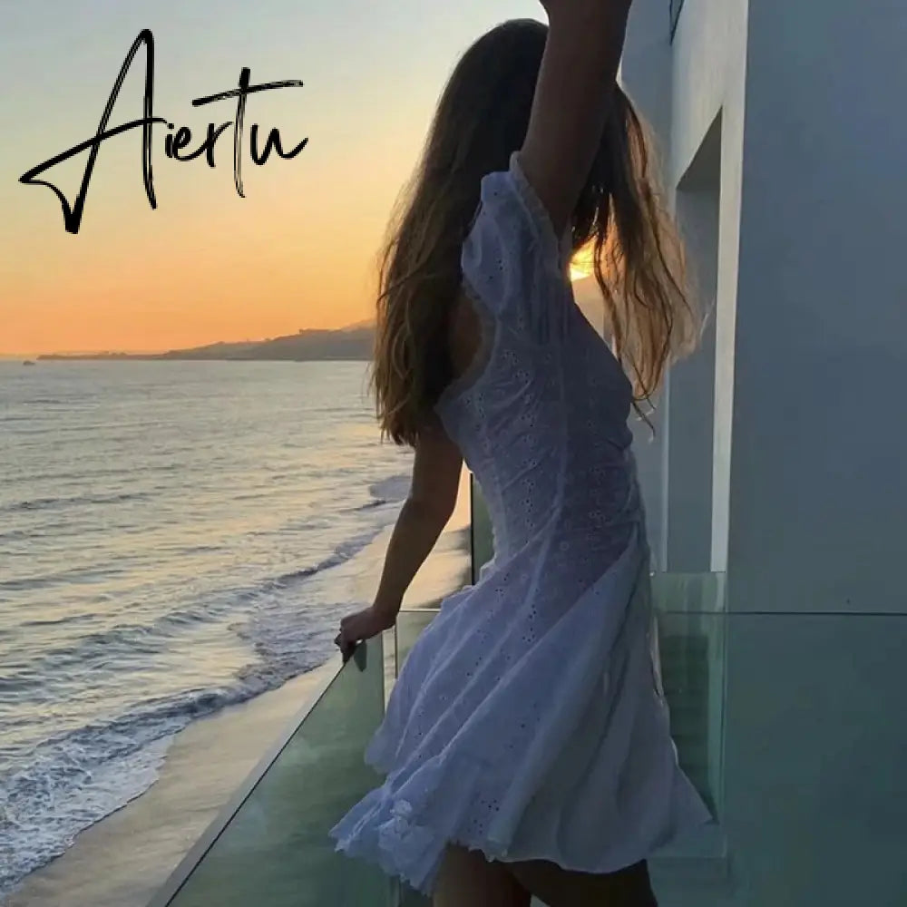 Aiertu white embroidery lace uo dress women summer ruffle vinatge beach dress famale puff sleeve hollow out tulle dress Aiertu