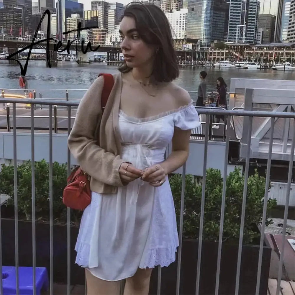 Aiertu white embroidery lace uo dress women summer ruffle vinatge beach dress famale puff sleeve hollow out tulle dress Aiertu