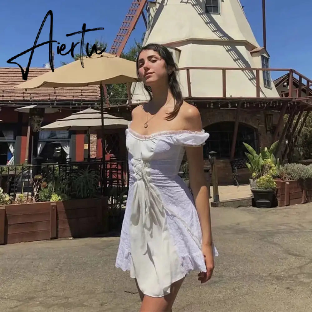 Aiertu white embroidery lace uo dress women summer ruffle vinatge beach dress famale puff sleeve hollow out tulle dress Aiertu