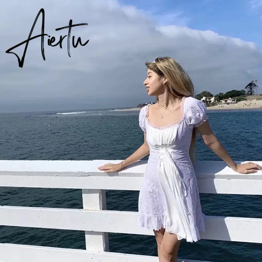 Aiertu white embroidery lace uo dress women summer ruffle vinatge beach dress famale puff sleeve hollow out tulle dress Aiertu