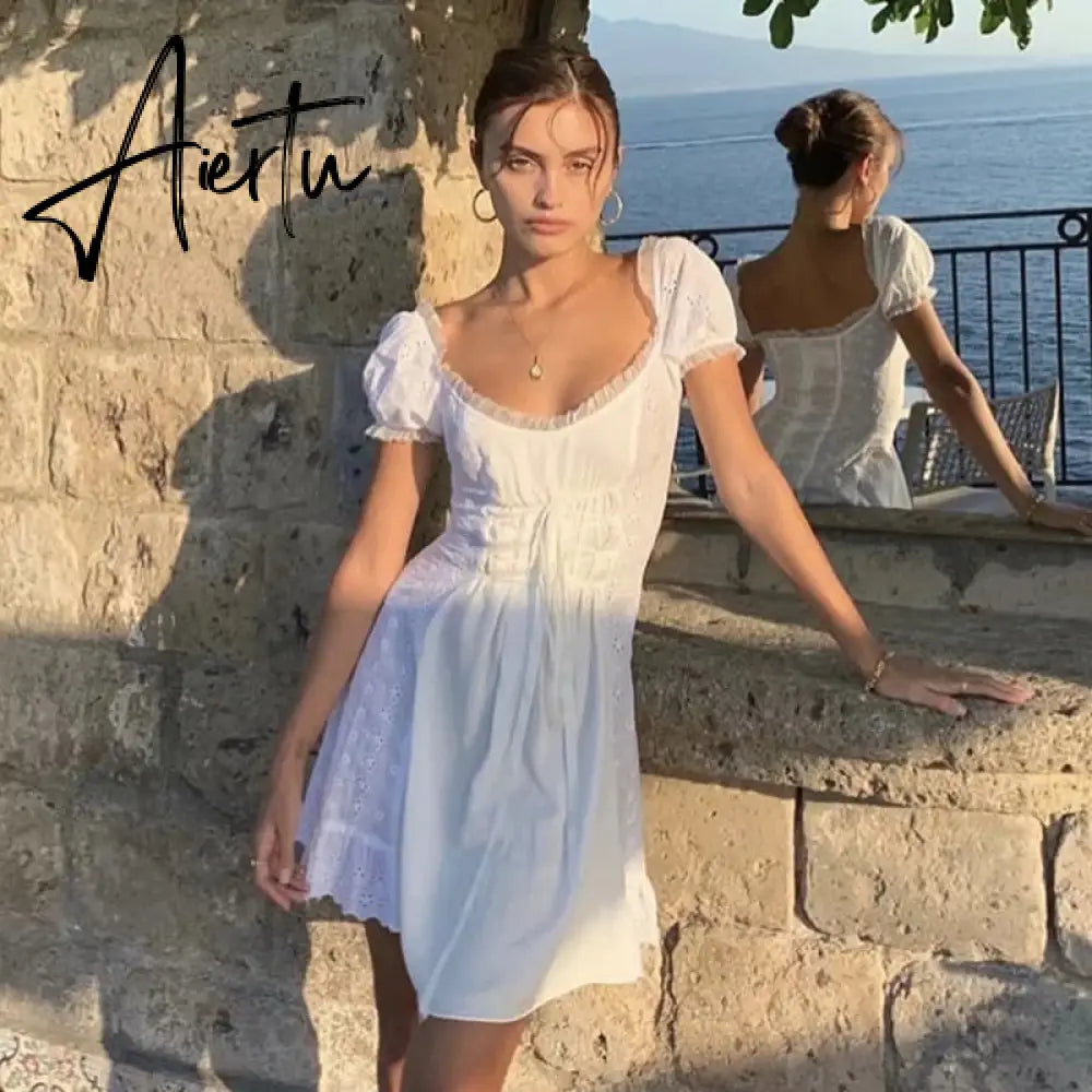 Aiertu white embroidery lace uo dress women summer ruffle vinatge beach dress famale puff sleeve hollow out tulle dress Aiertu