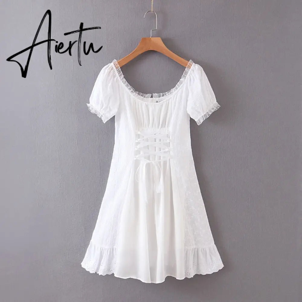 Aiertu white embroidery lace uo dress women summer ruffle vinatge beach dress famale puff sleeve hollow out tulle dress Aiertu