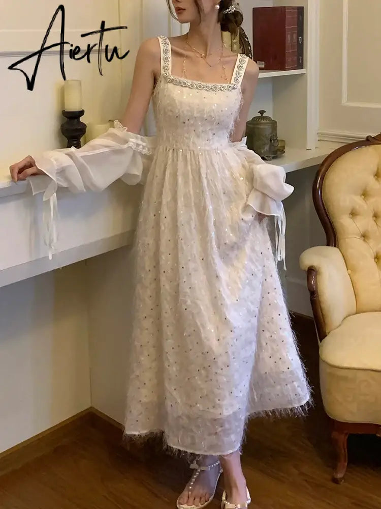 Aiertu White Feather Mini Dress Women New Elegant Sequin Embroidery Dress Women High Waist Runway Design Clothing Aiertu