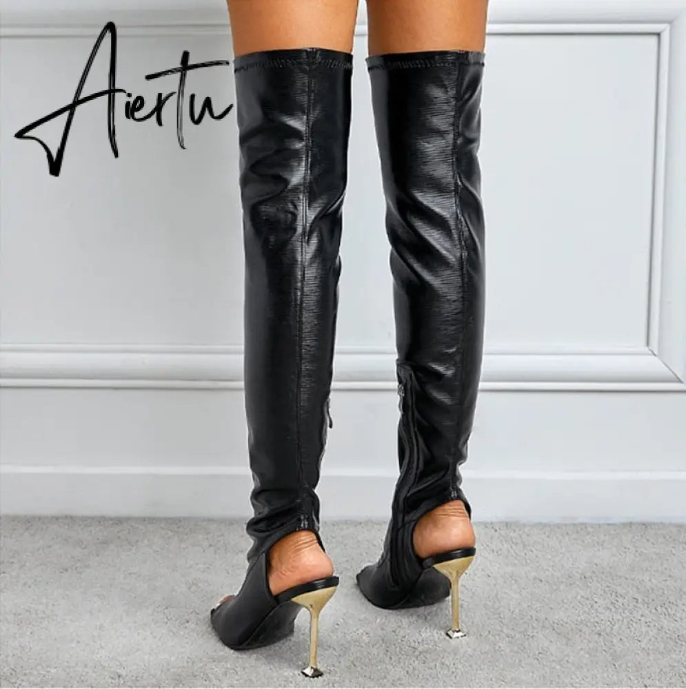 Aiertu White Leather Thigh High Over The Knee Boots Sexy Open Toe Stripper Heels Booties Fashion Zip Motorcycle Shoes Women Pumps Aiertu