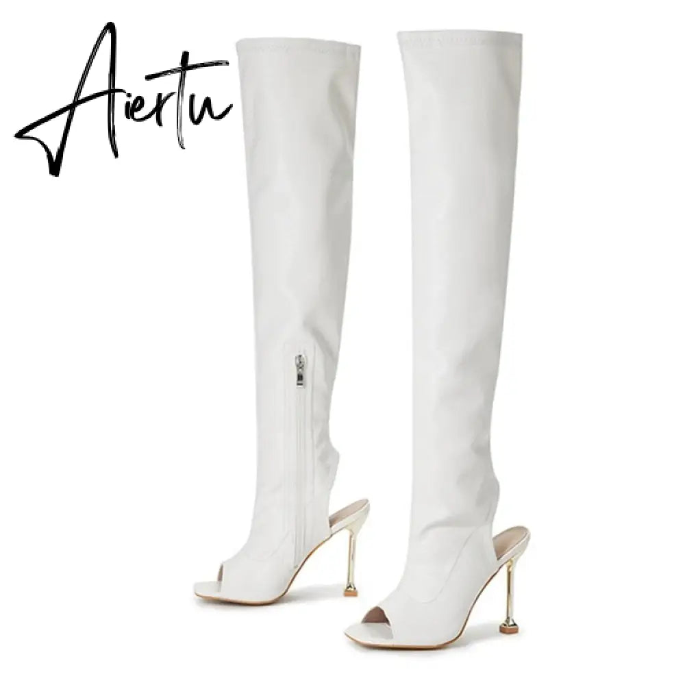 Aiertu White Leather Thigh High Over The Knee Boots Sexy Open Toe Stripper Heels Booties Fashion Zip Motorcycle Shoes Women Pumps Aiertu