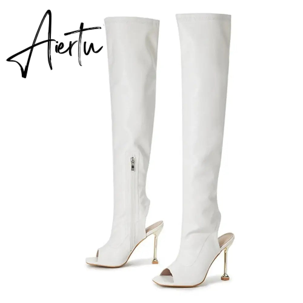 Aiertu White Leather Thigh High Over The Knee Boots Sexy Open Toe Stripper Heels Booties Fashion Zip Motorcycle Shoes Women Pumps Aiertu