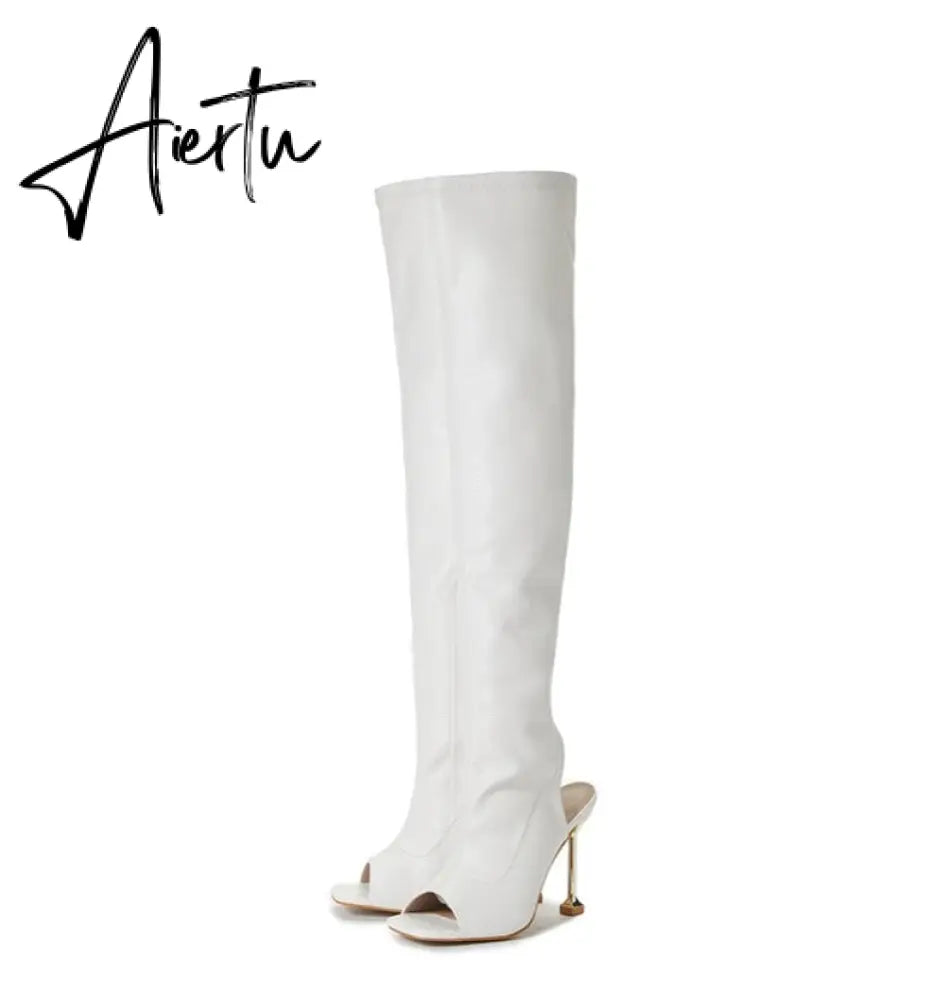 Aiertu White Leather Thigh High Over The Knee Boots Sexy Open Toe Stripper Heels Booties Fashion Zip Motorcycle Shoes Women Pumps Aiertu