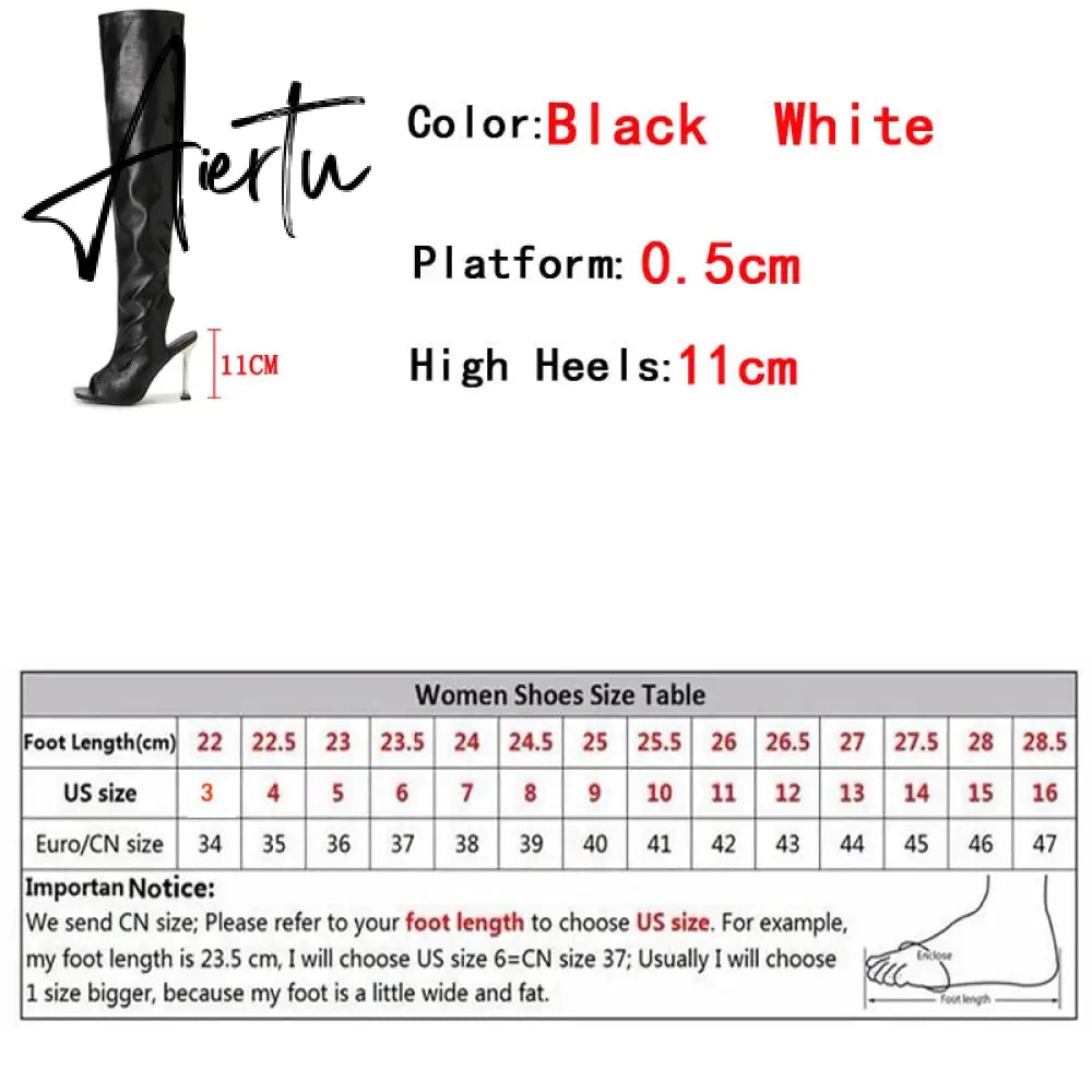 Aiertu White Leather Thigh High Over The Knee Boots Sexy Open Toe Stripper Heels Booties Fashion Zip Motorcycle Shoes Women Pumps Aiertu