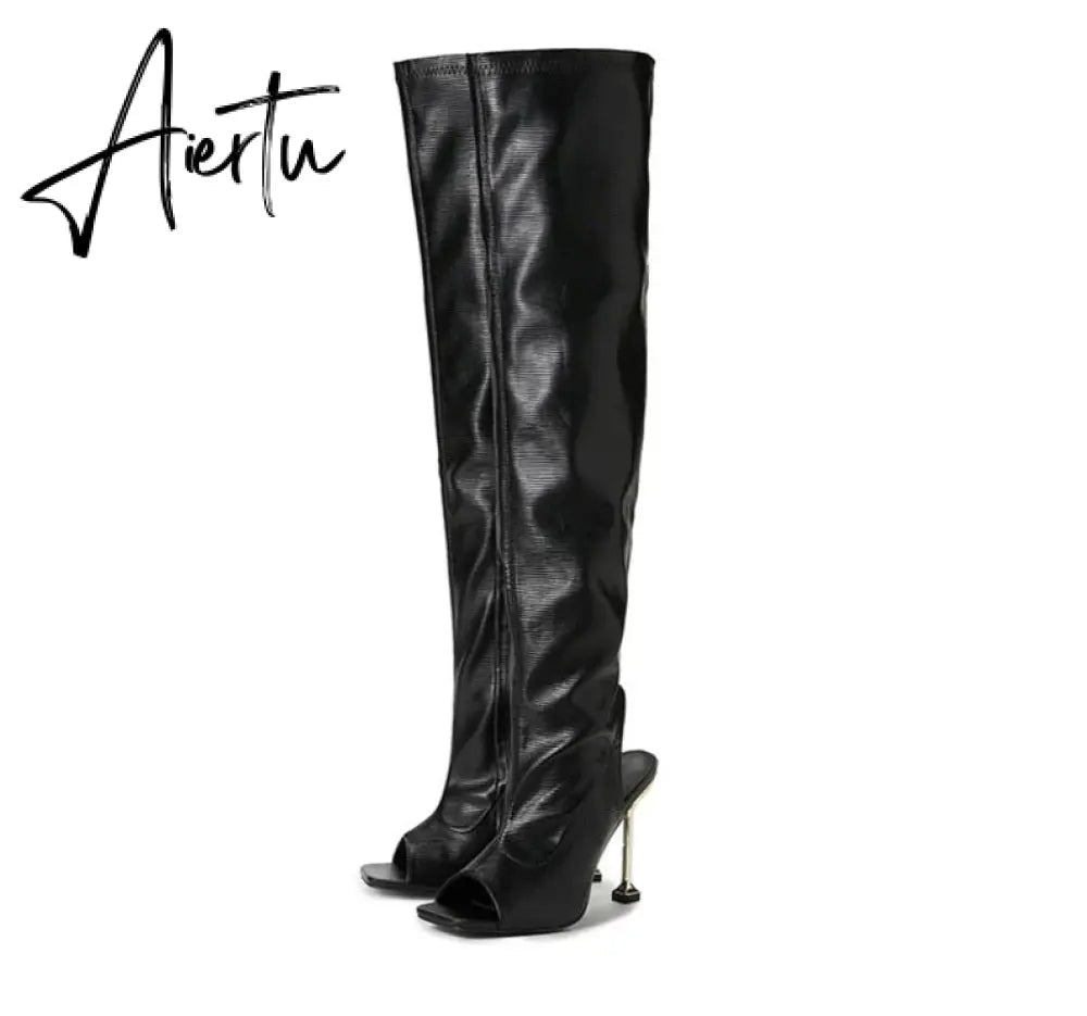 Aiertu White Leather Thigh High Over The Knee Boots Sexy Open Toe Stripper Heels Booties Fashion Zip Motorcycle Shoes Women Pumps Aiertu