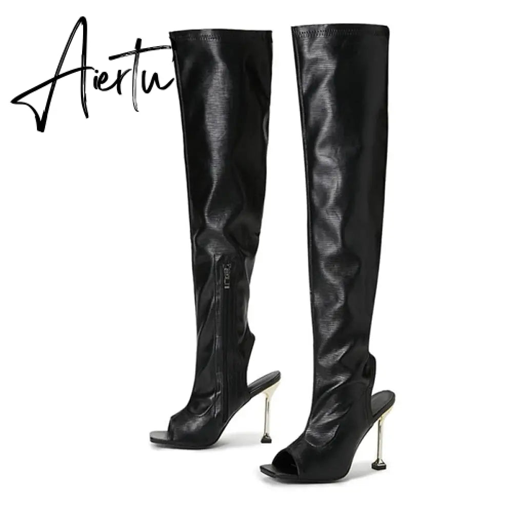 Aiertu White Leather Thigh High Over The Knee Boots Sexy Open Toe Stripper Heels Booties Fashion Zip Motorcycle Shoes Women Pumps Aiertu