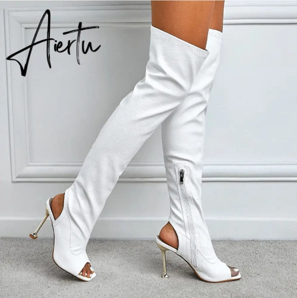 Aiertu White Leather Thigh High Over The Knee Boots Sexy Open Toe Stripper Heels Booties Fashion Zip Motorcycle Shoes Women Pumps Aiertu