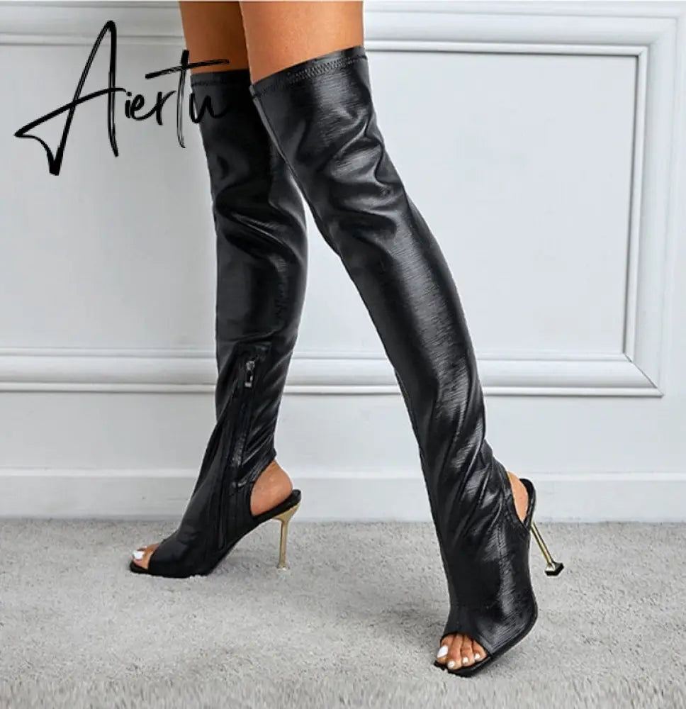 Aiertu White Leather Thigh High Over The Knee Boots Sexy Open Toe Stripper Heels Booties Fashion Zip Motorcycle Shoes Women Pumps Aiertu