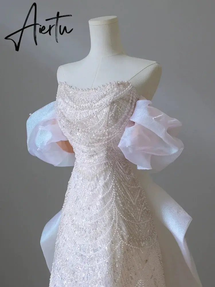 Aiertu White Luxury Senior Evening Dresses Bow Strapless Beading Off The Shoulder Shiny Sequin Cockital Host Party Evening Prom Gown Aiertu