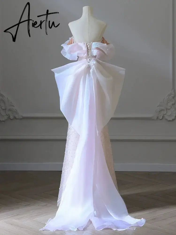 Aiertu White Luxury Senior Evening Dresses Bow Strapless Beading Off The Shoulder Shiny Sequin Cockital Host Party Evening Prom Gown Aiertu
