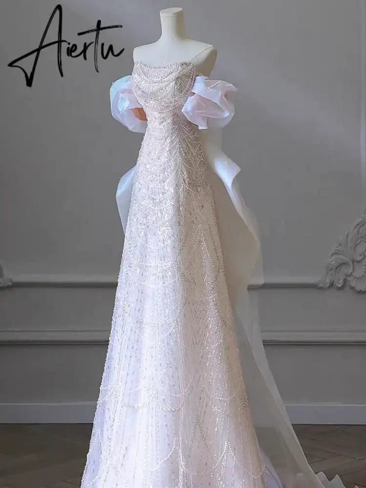Aiertu White Luxury Senior Evening Dresses Bow Strapless Beading Off The Shoulder Shiny Sequin Cockital Host Party Evening Prom Gown Aiertu