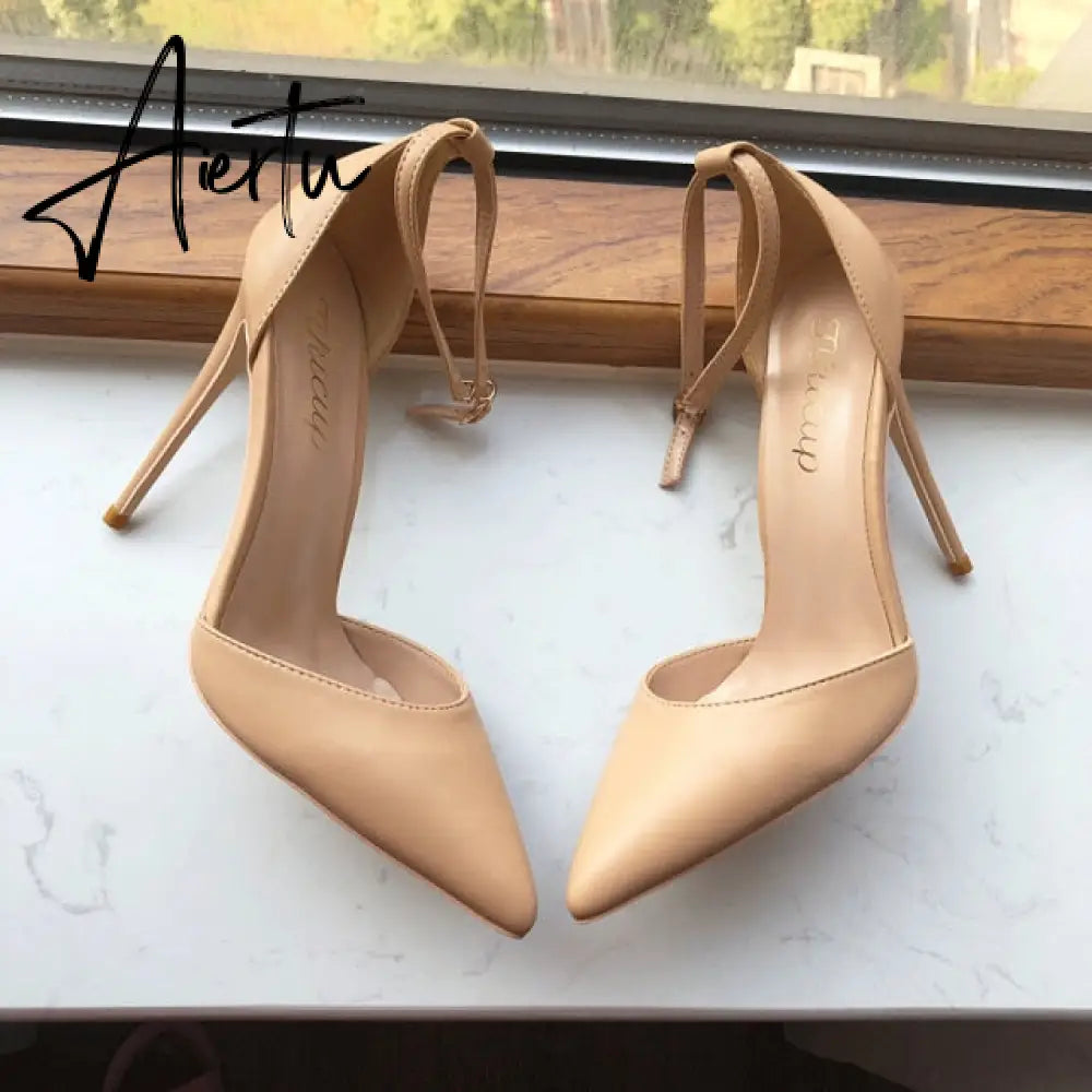 Aiertu White Patent Leather Women Ankle Strap D'orsay Stiletto Pumps Pointed Toe Sexy High Heel Shoes 8cm 10cm 12cm Customize Aiertu