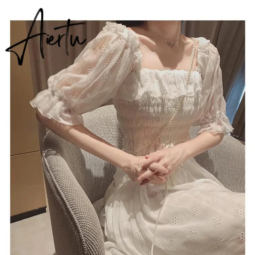 Aiertu White Puff Sleeve Korean Style Fairy Dresses Lace Chiffon French Japan Style Kawaii Elegant Vintage Dress Women clothing Aiertu
