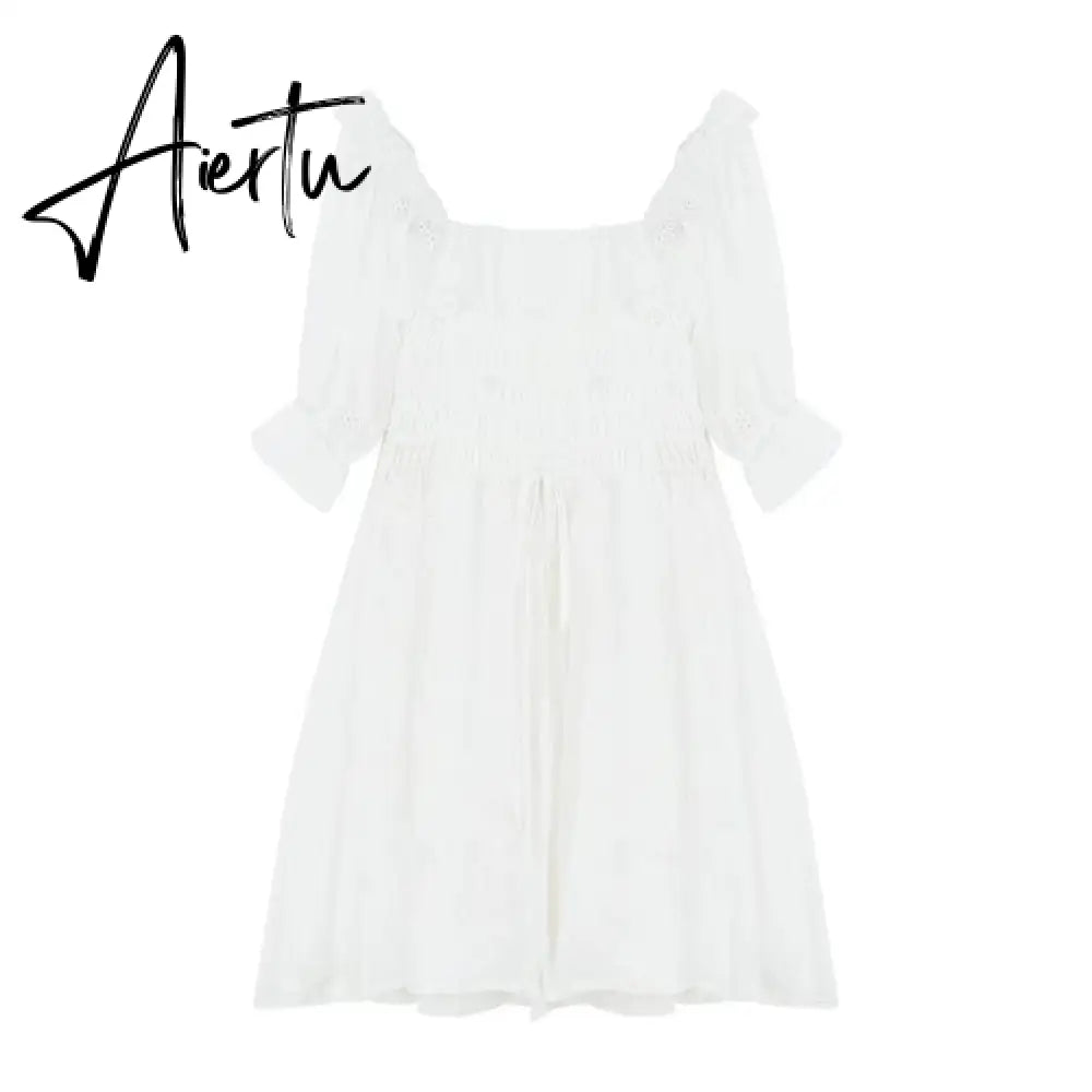 Aiertu White Puff Sleeve Korean Style Fairy Dresses Lace Chiffon French Japan Style Kawaii Elegant Vintage Dress Women clothing Aiertu