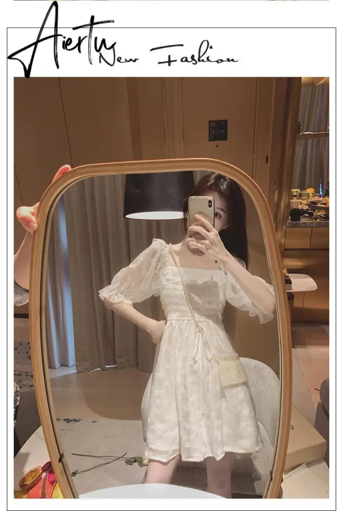 Aiertu White Puff Sleeve Korean Style Fairy Dresses Lace Chiffon French Japan Style Kawaii Elegant Vintage Dress Women clothing Aiertu