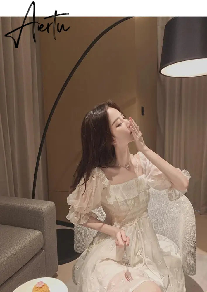 Aiertu White Puff Sleeve Korean Style Fairy Dresses Lace Chiffon French Japan Style Kawaii Elegant Vintage Dress Women clothing Aiertu