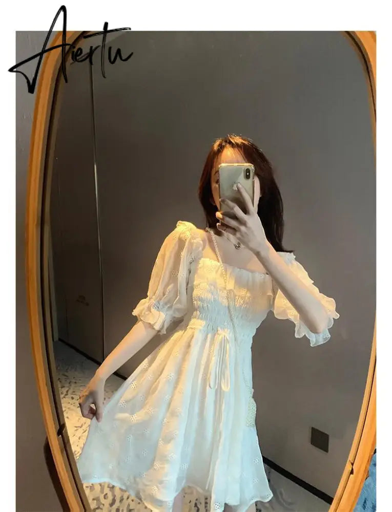 Aiertu White Puff Sleeve Korean Style Fairy Dresses Lace Chiffon French Japan Style Kawaii Elegant Vintage Dress Women clothing Aiertu